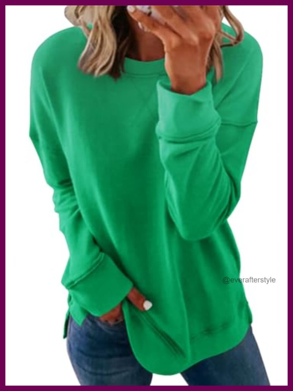 Womens Crewneck Sweatshirt Long Sleeve Side Split Tunic Relaxed Fit
